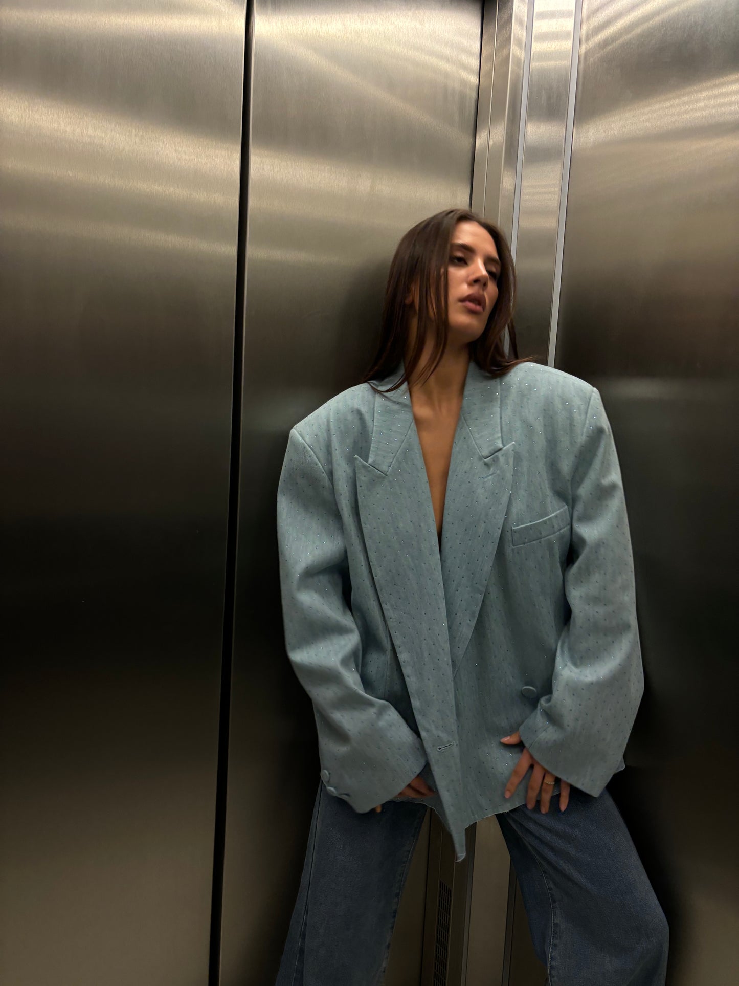 Over crystal denim blazer