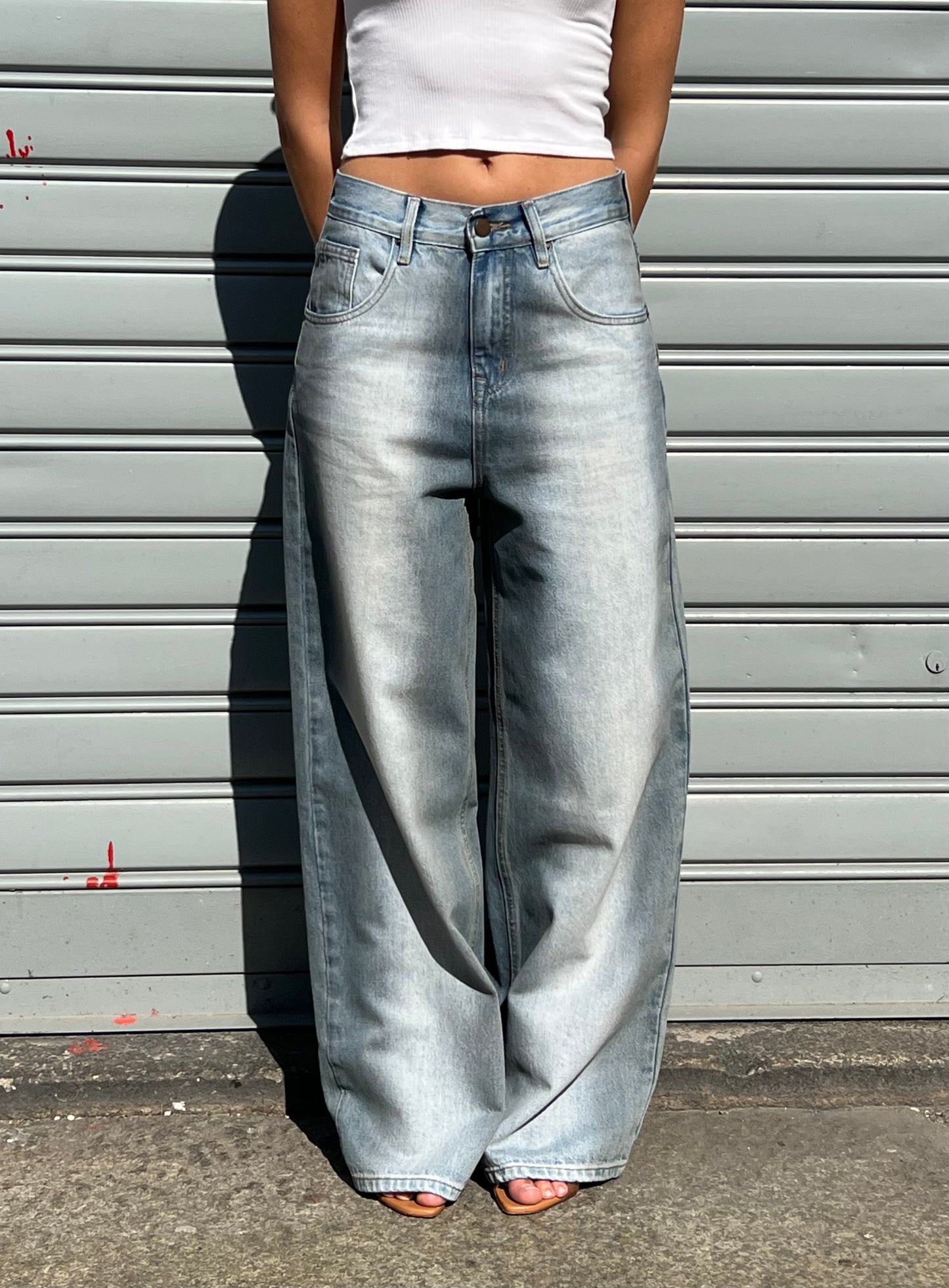 Gray washed wide leg jeans