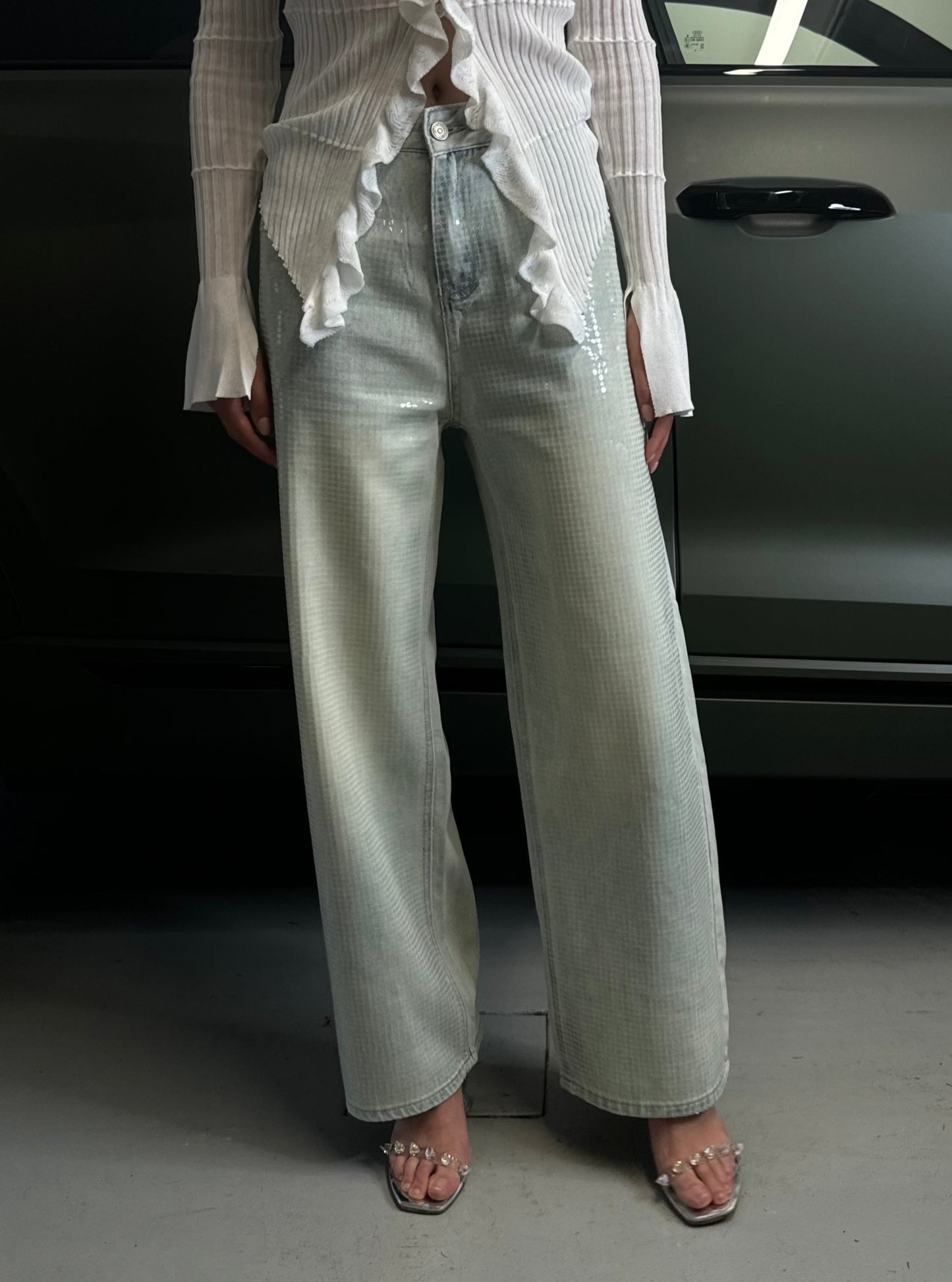 Wide leg sequined jeans