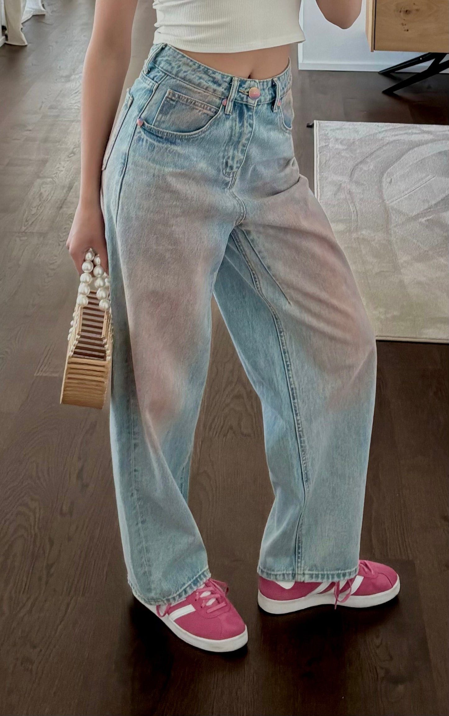 Washed pink wide leg jeans