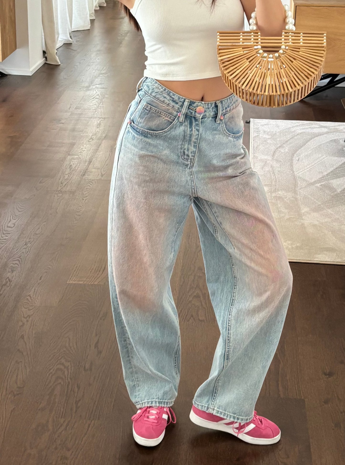 Washed pink wide leg jeans