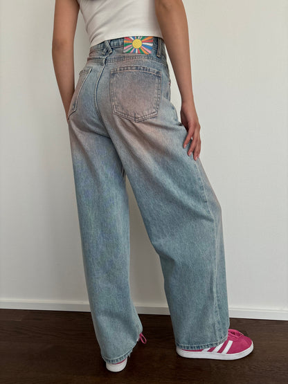 Washed pink wide leg jeans
