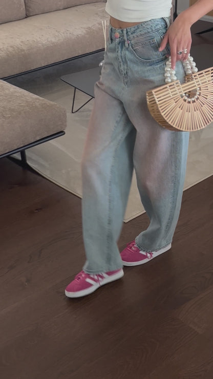 Washed pink wide leg jeans